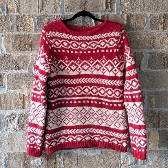 Vintage 90s Eddie Bauer Lambswool Angora Red White Wide Neck Sweater Small - Picture 1 of 7